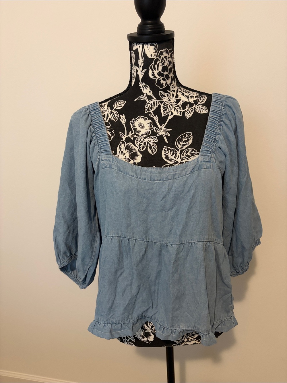 Light Chambray Square-Neck Peasant Blouse